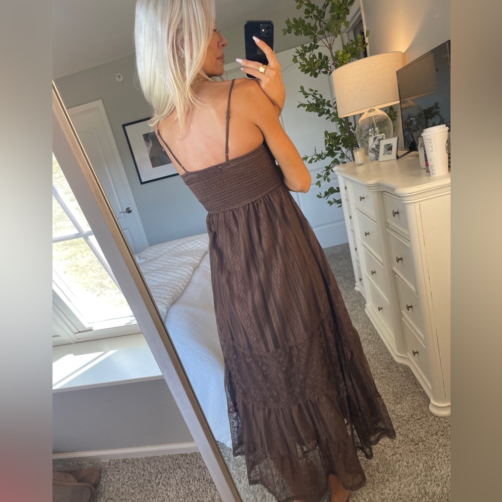 Smocked Lace Tiered Maxi Dress - Brown - Picture 4 of 5